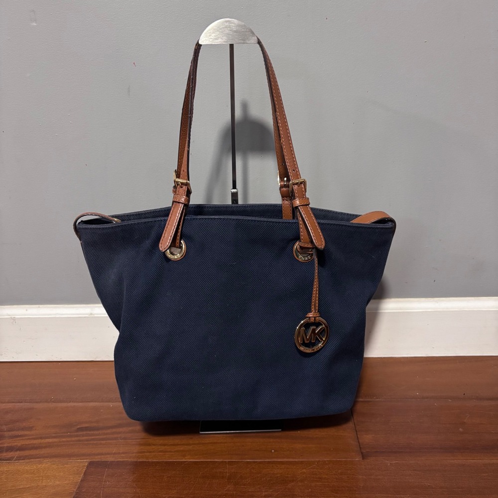 Michael Kors Blue Canvas‎ Tote Shoulder Bag Brown Leather Trim Gold Medallion